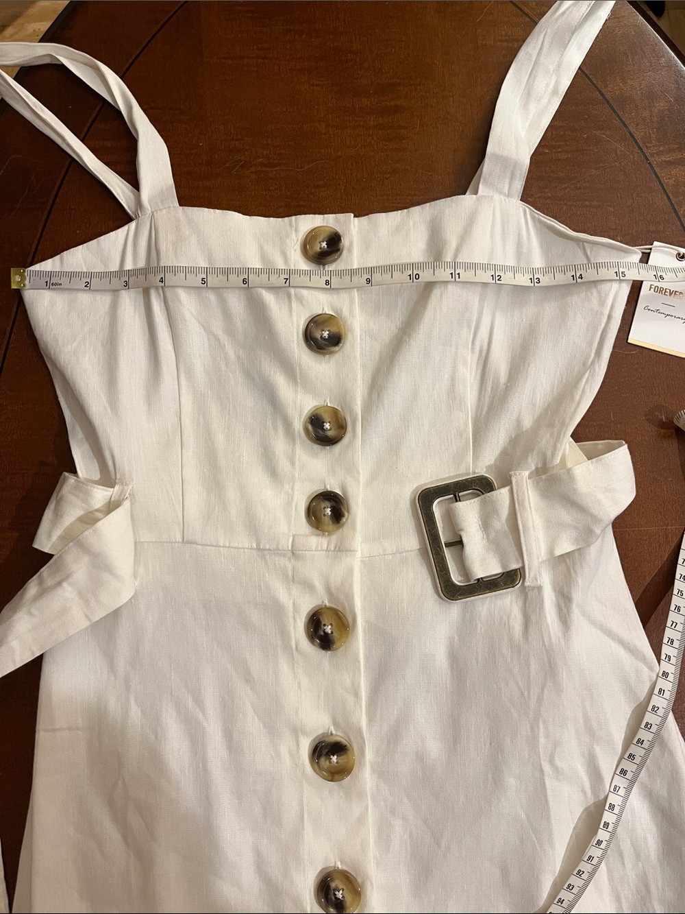 White linen blend dress. Button front, belted. Square neckline. Stretchy. M. NWT - Picture 9 of 9
